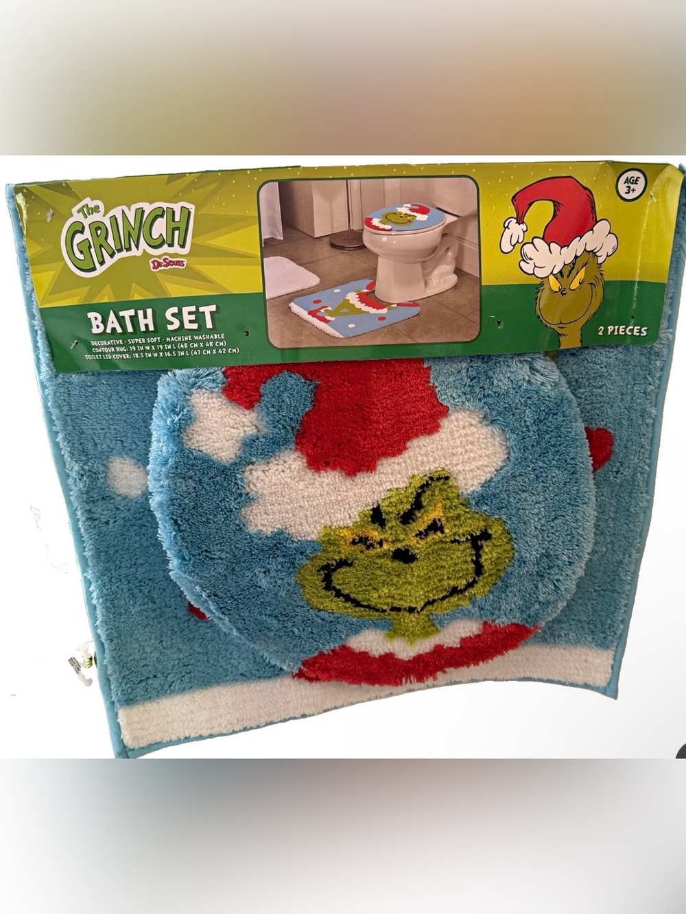 Dr. Seuss The Grinch Blue Plush Bath Rug Set - Toilet Lid Cover & Contour Mat